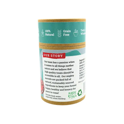 Pet food container with a green label on a white background