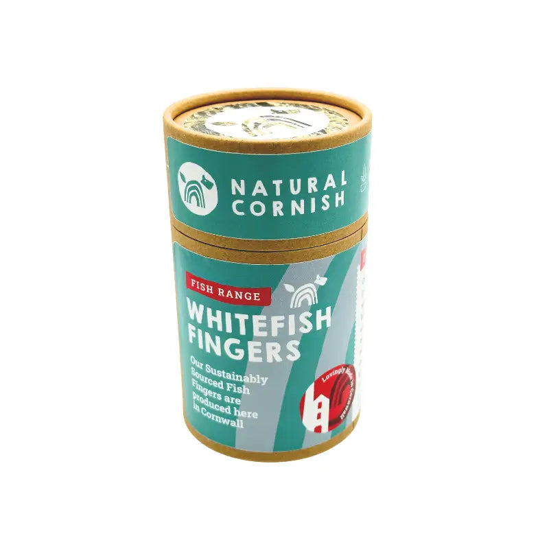 Canister of Natural Cornish Whitefish Fingers on a white background