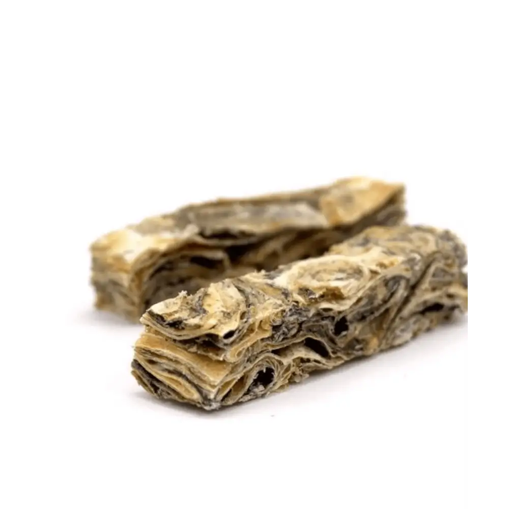 Two dried fish sticks on a white background