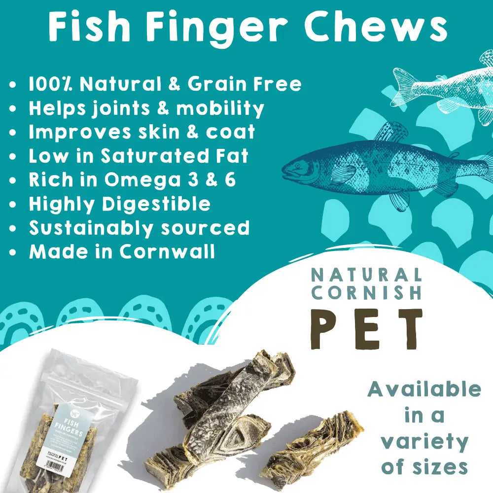 Advertisement for Fish Finger Chews with product packaging and fish illustrations on a teal background.