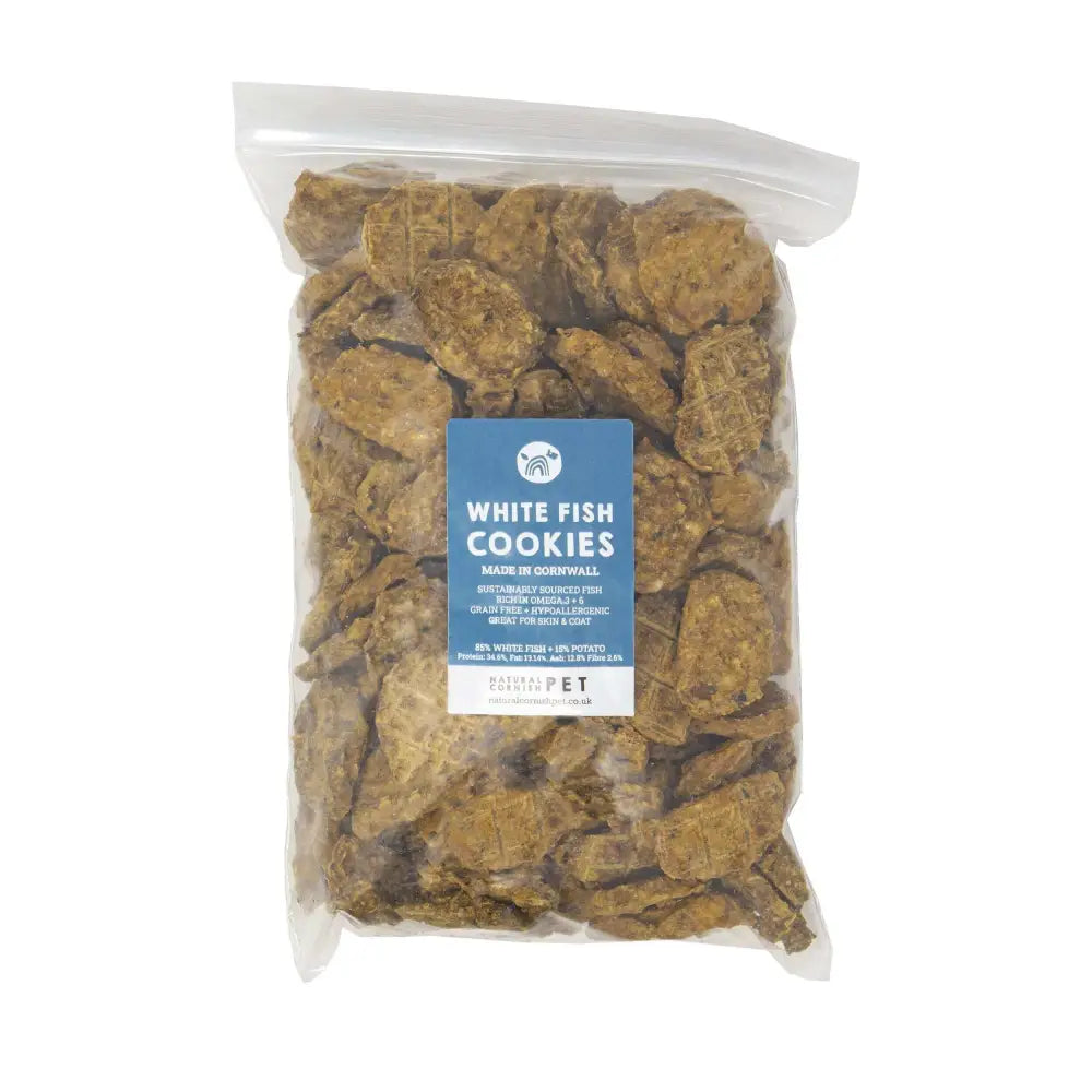 Bag of white fish cookies with a label on a white background