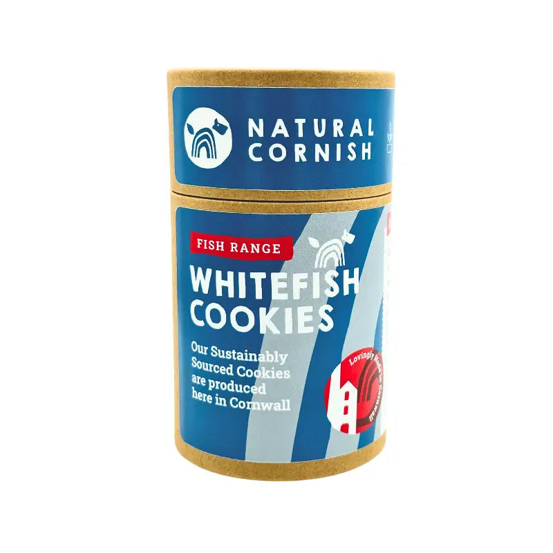 Canister of Natural Cornish Whitefish Cookies on a white background