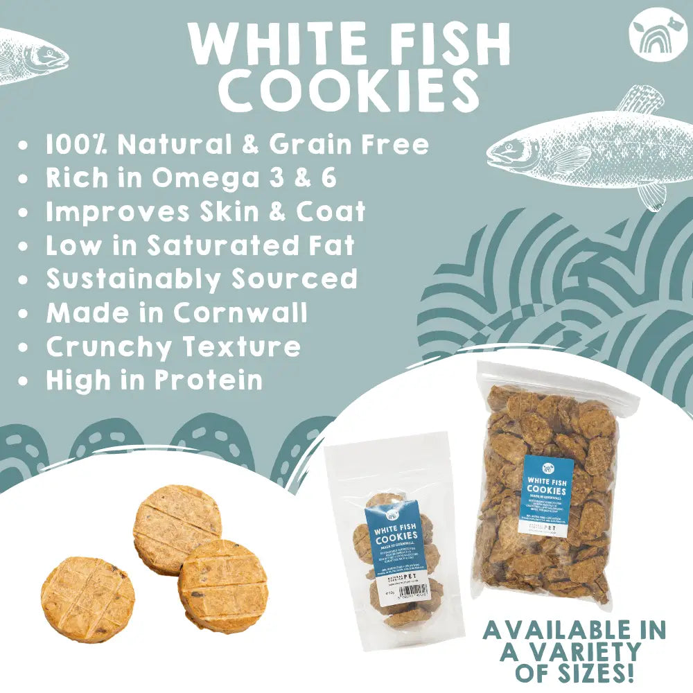 White fish cookies packaging with product and text on a blue background