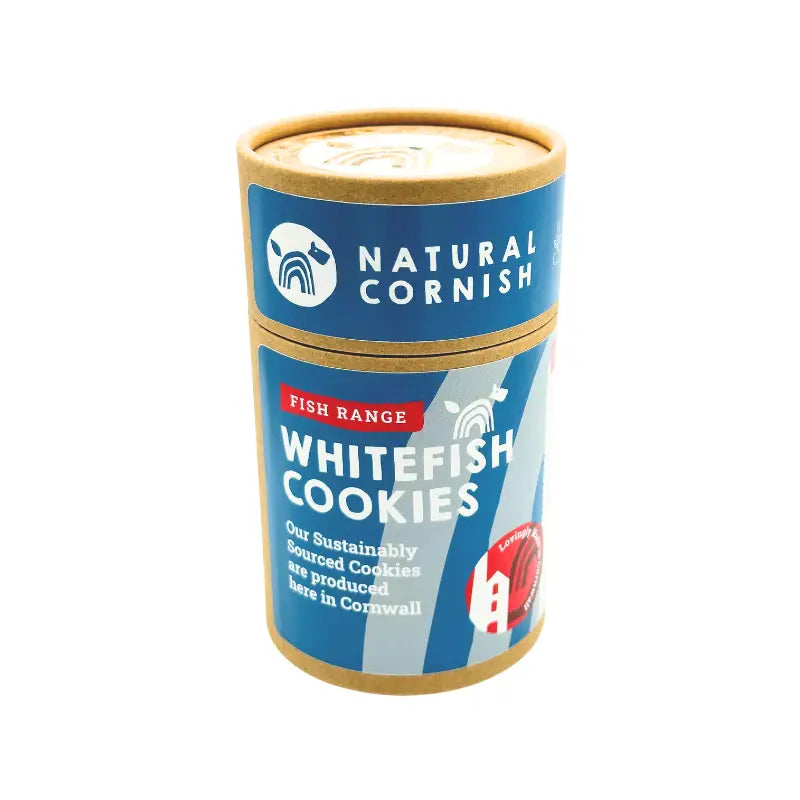 Canister of Natural Cornish Whitefish Cookies on a white background