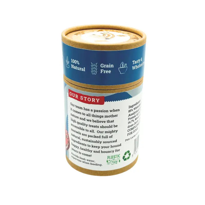Dog treat container with blue and brown label on a white background