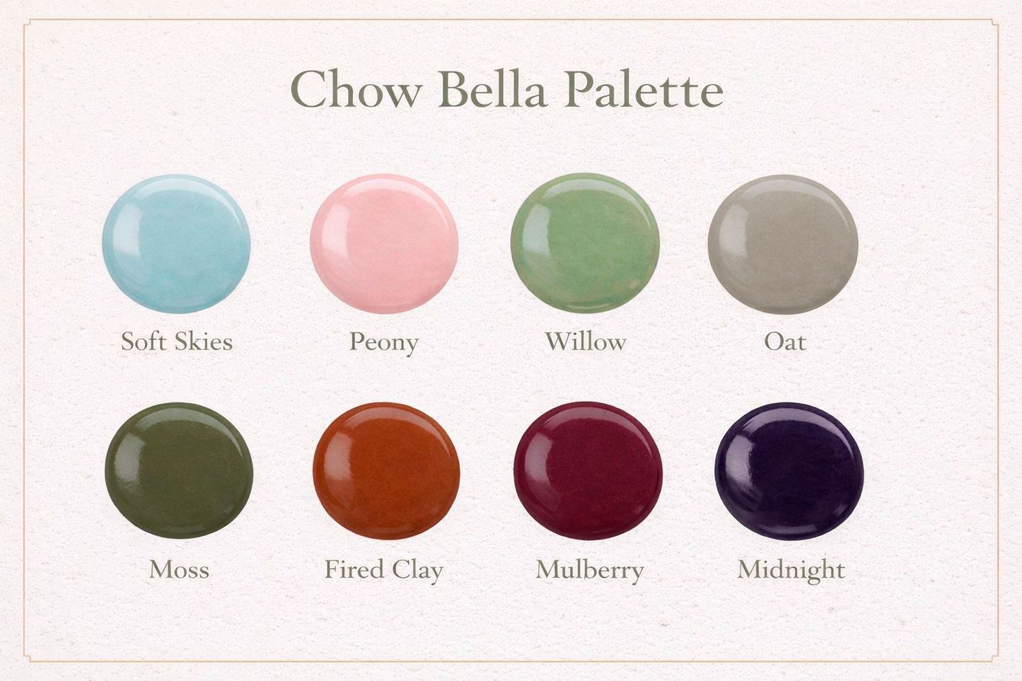 Chow Bella Palette with eight color swatches on a beige background
