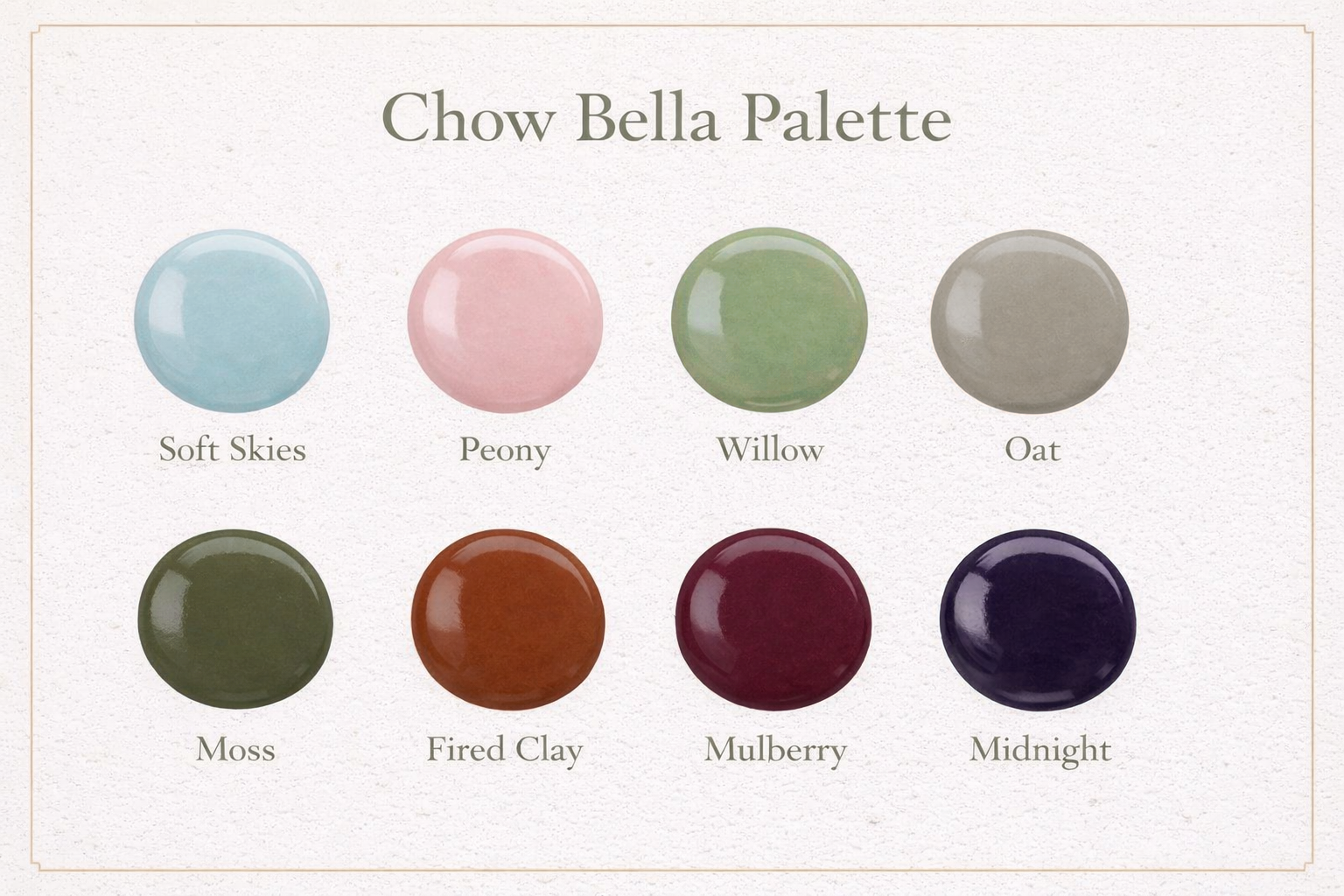 Chow Bella Palette with eight color swatches on a beige background