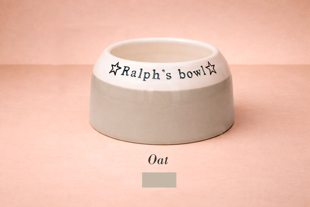 Dog bowl with 'Ralph's bowl' text on a pink background