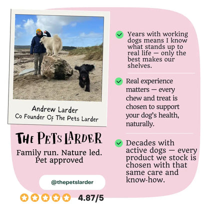 Promotional graphic for The Pets Larder with a person and dogs on a beach, featuring text about their brand and values.