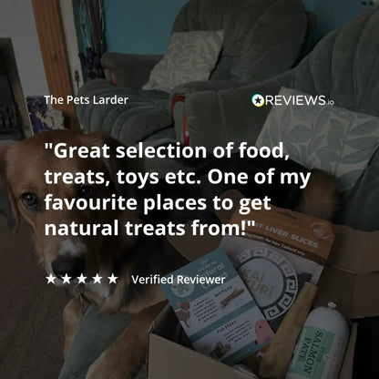 Dog with a box of pet products and a review quote on a dark overlay