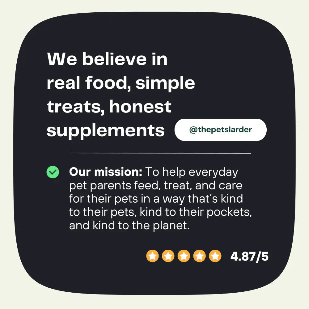 Text on a black square background with white and green text, featuring the brand 'the pets larder'.