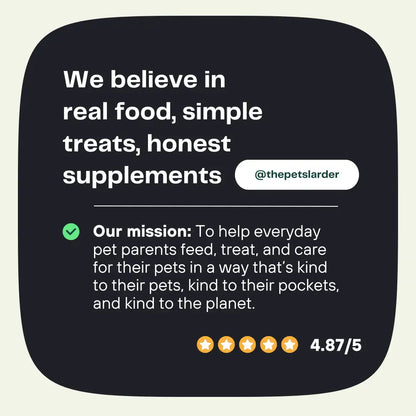 Text on a black square background with white and green text, featuring the brand 'the pets larder'.