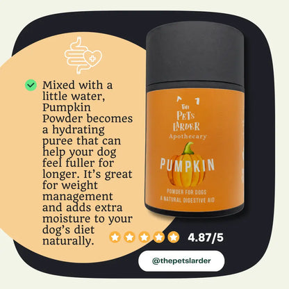 Pumpkin powder container with text about its benefits for dogs on a beige background