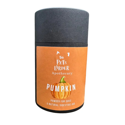 Container of 'The Pet's Larder Apothecary' pumpkin powder for dogs on a white background