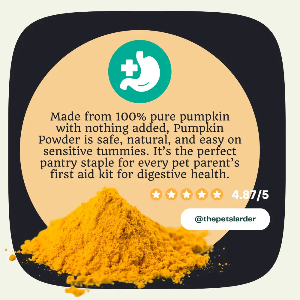 Pumpkin powder with text about its safety and benefits on a beige background