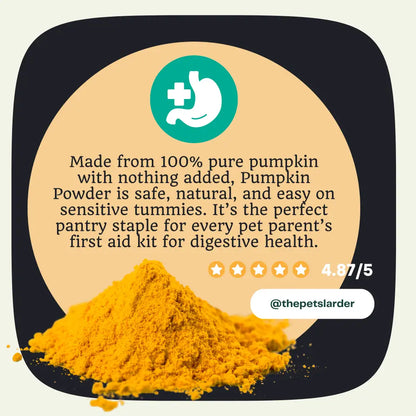 Pumpkin powder with text about its safety and benefits on a beige background