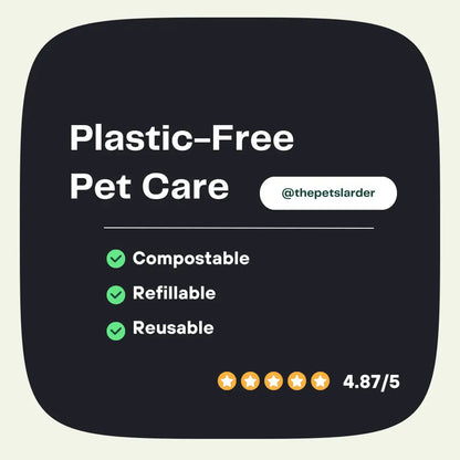 Promotional graphic for 'Plastic-Free Pet Care' with compostable, refillable, and reusable features on a black background.