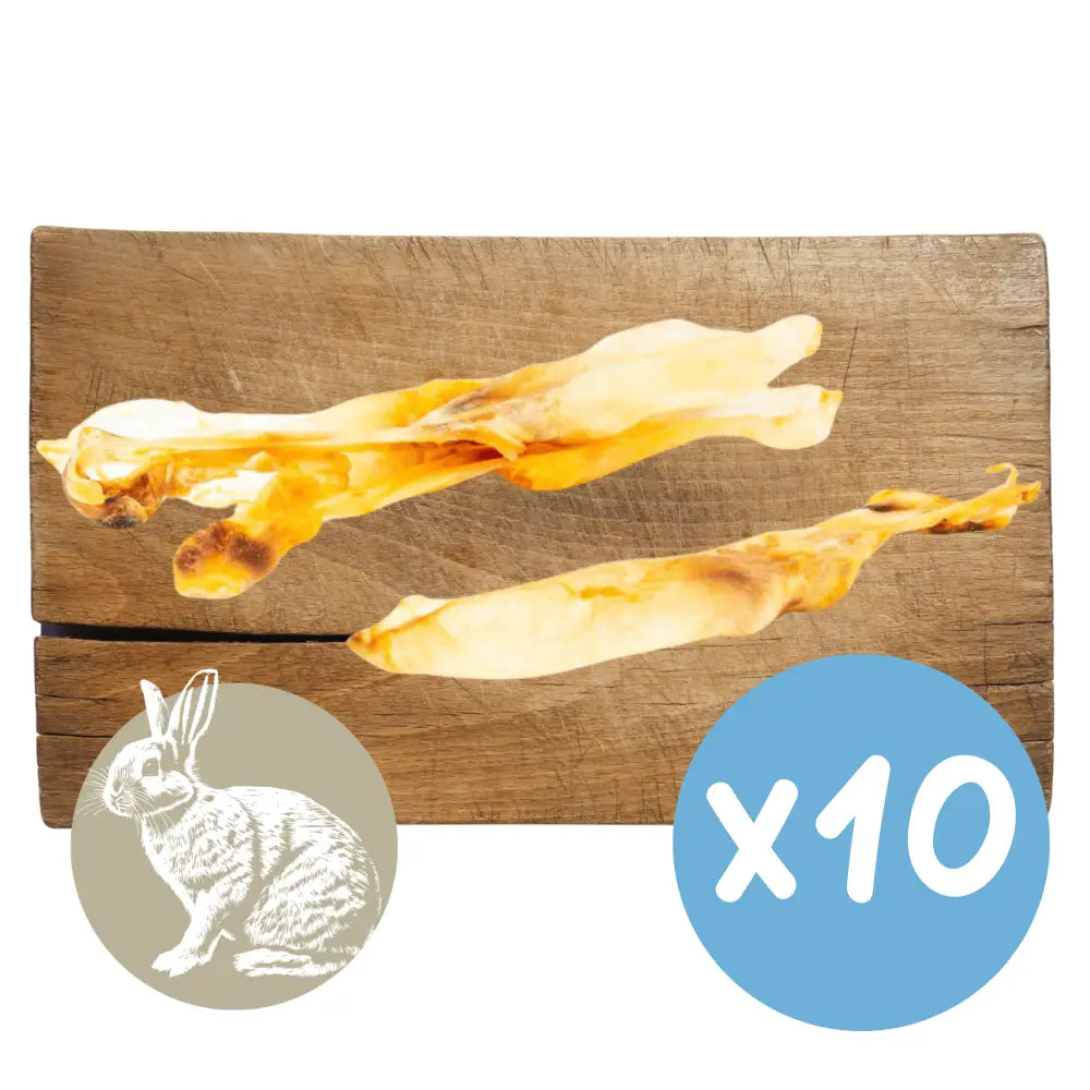 Wooden cutting board with rabbit-shaped cutouts and a blue circle with 'x10' on a white background