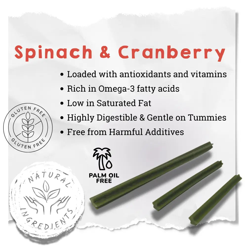 Spinach and cranberry product with health benefits and ingredient claims on a white background