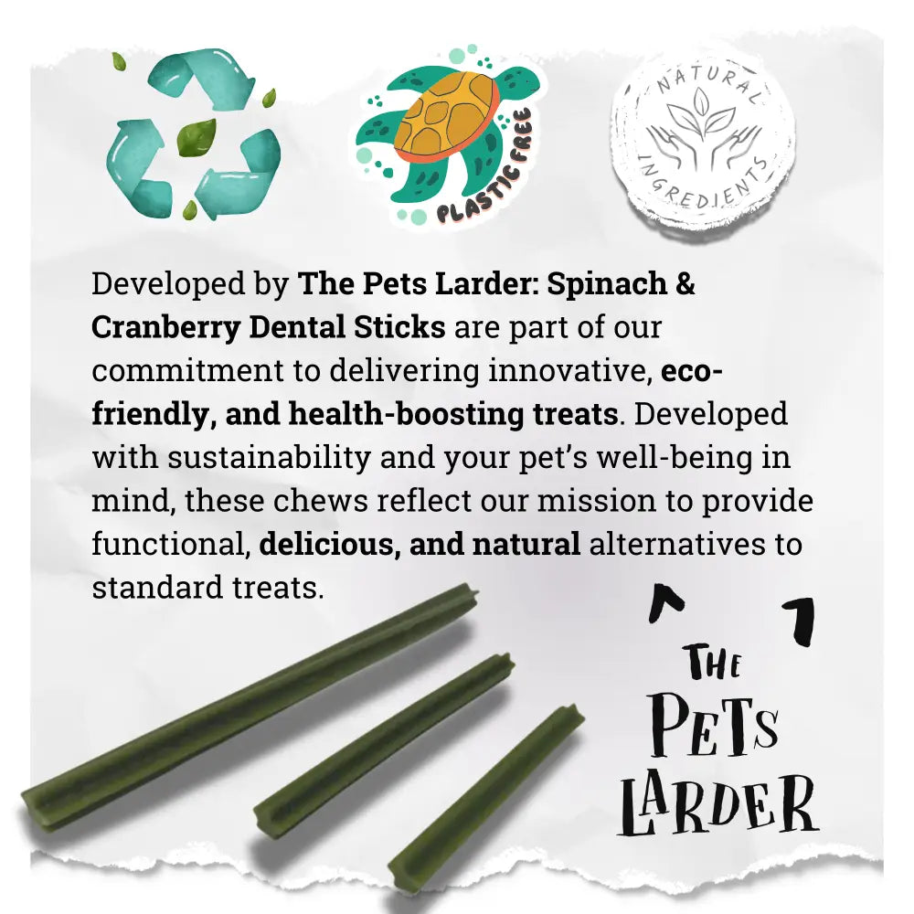 Spinach and cranberry dental sticks for pets with branding and sustainability icons on a white background.