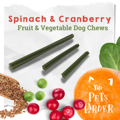 Spinach and cranberry fruit and vegetable dog chews with ingredients on a white background, branded 'The Pet's Larver'.