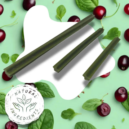 Green sticks on a white stand with cherries and leaves on a light green background, featuring 'Natural Ingredients' logo.