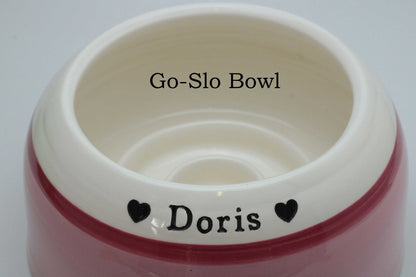 Pink pet bowl with 'Go-Slo Bowl' and 'Doris' text on a white background