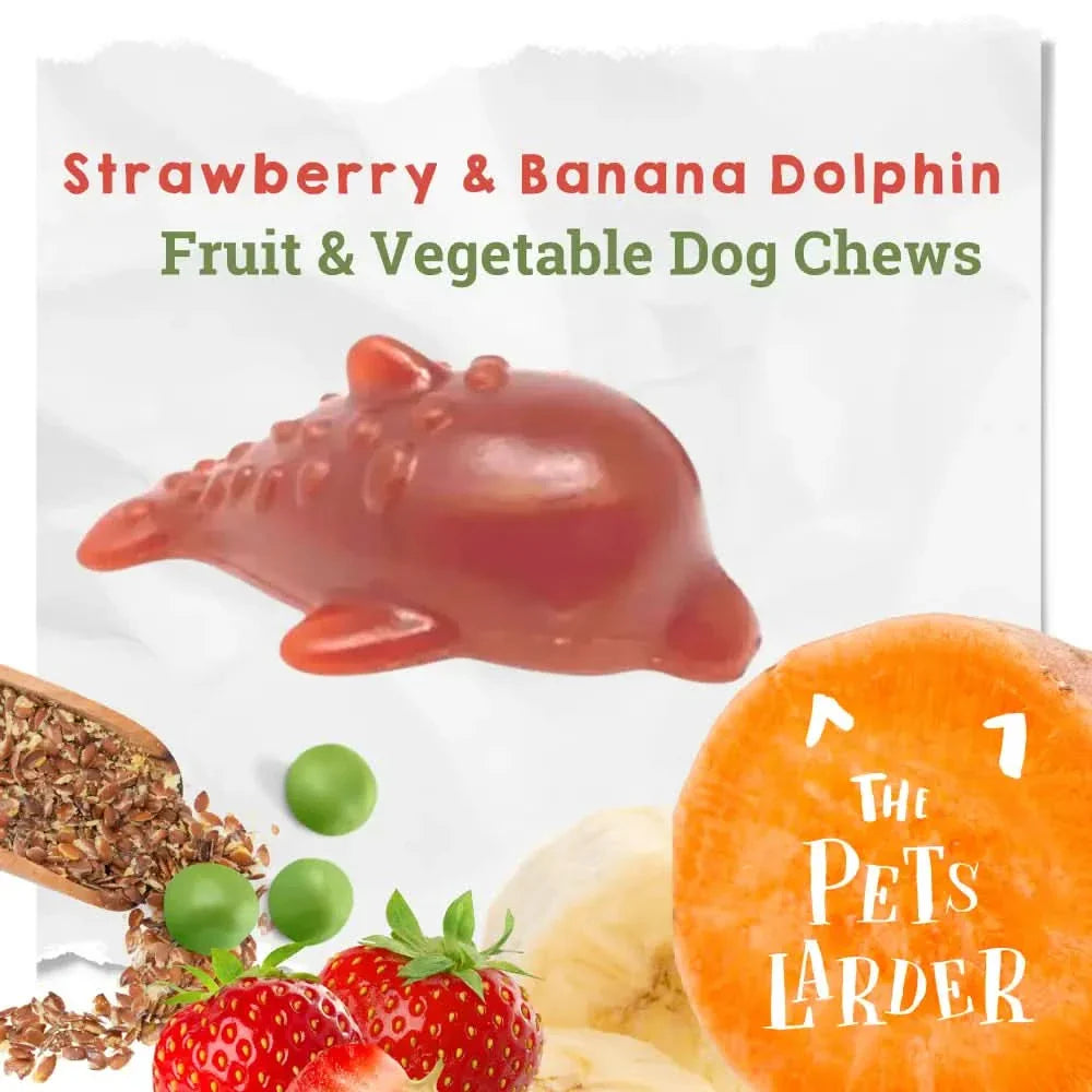 Strawberry and Banana Dolphin Fruit and Vegetable Dog Chews with ingredients displayed on a white background.