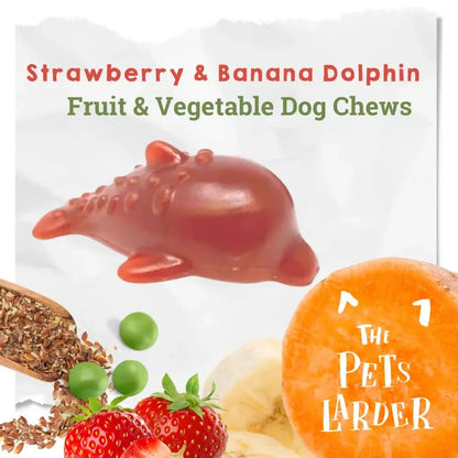 Strawberry and Banana Dolphin Fruit and Vegetable Dog Chews with ingredients displayed on a white background.