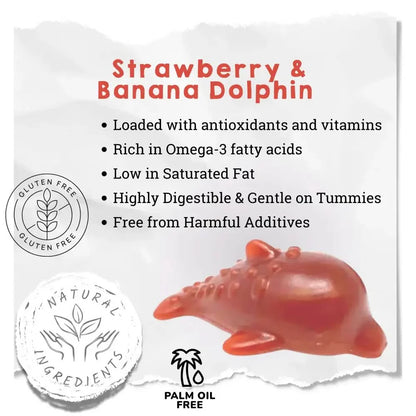 Strawberry and Banana Dolphin snack with health benefits listed on a white background