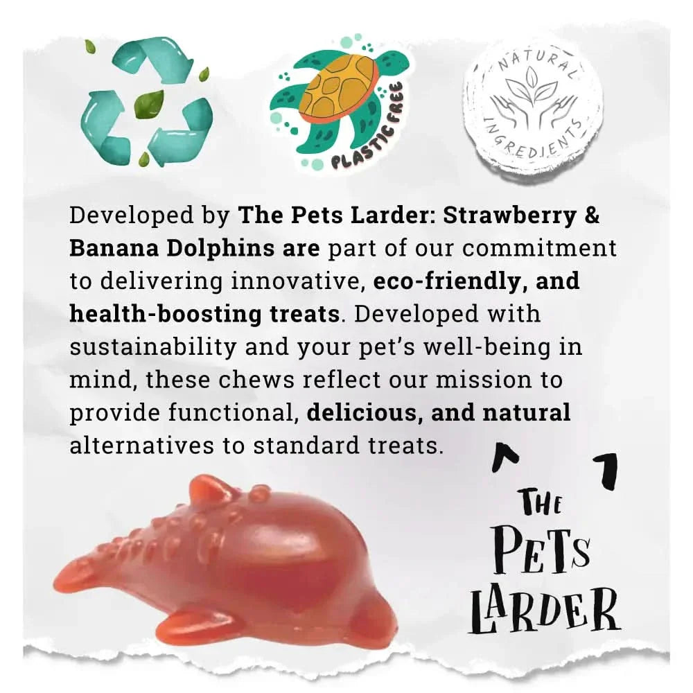 Product packaging for 'Strawberry & Banana Dolphins' from The Pets Larder with sustainability icons and text.