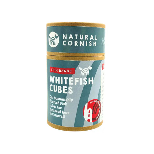 Canister of Natural Cornish Whitefish Cubes on a white background