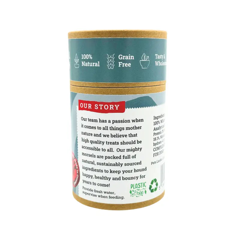 Pet food container with a label detailing ingredients and branding on a white background