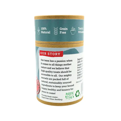 Pet food container with a label detailing ingredients and branding on a white background