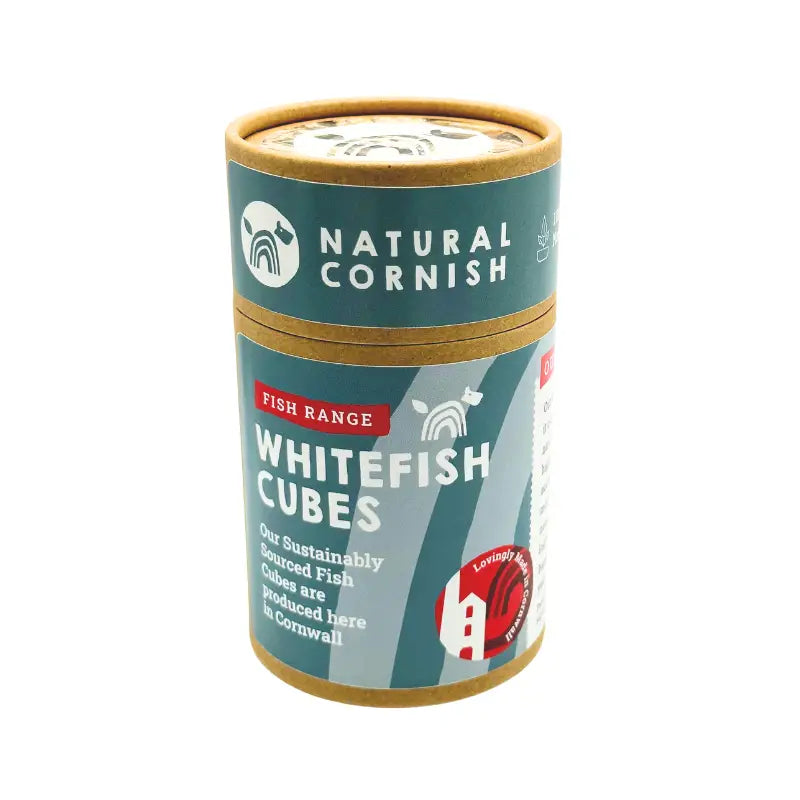 Canister of Natural Cornish Whitefish Cubes on a white background