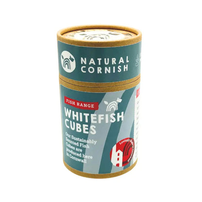 Canister of Natural Cornish Whitefish Cubes on a white background