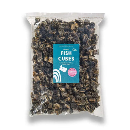 Package of fish cubes with a blue label on a white background