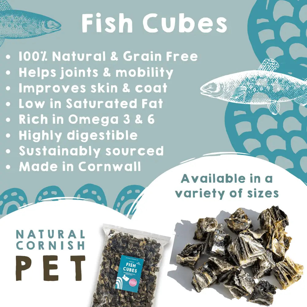 Advertisement for Fish Cubes pet food with text and product display on a light blue background.