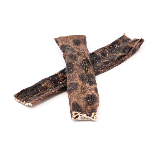 Two pieces of dried beef jerky on a white background
