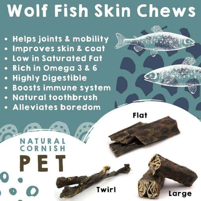 Advertisement for Wolf Fish Skin Chews with product images and benefits listed.