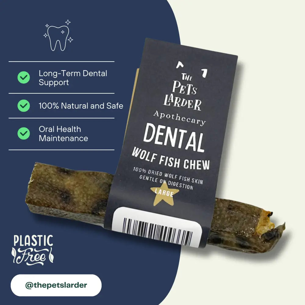 Dental wolf fish chew with label on a blue and white background, featuring text about product benefits.