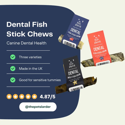 Dental Fish Stick Chews for canines with product packaging and features listed.
