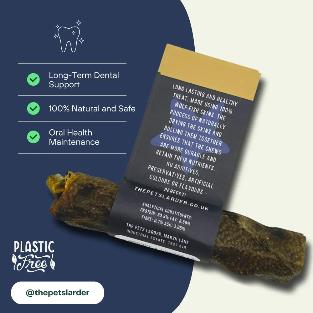 Dog treat package with label and text on a blue and white background, featuring 'Plastic Free' branding.