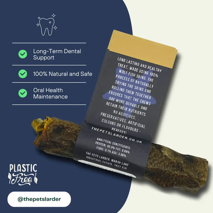 Dog treat package with label and text on a blue and white background, featuring 'Plastic Free' branding.