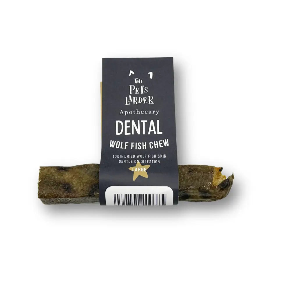 Dental wolf fish chew with a label on a white background